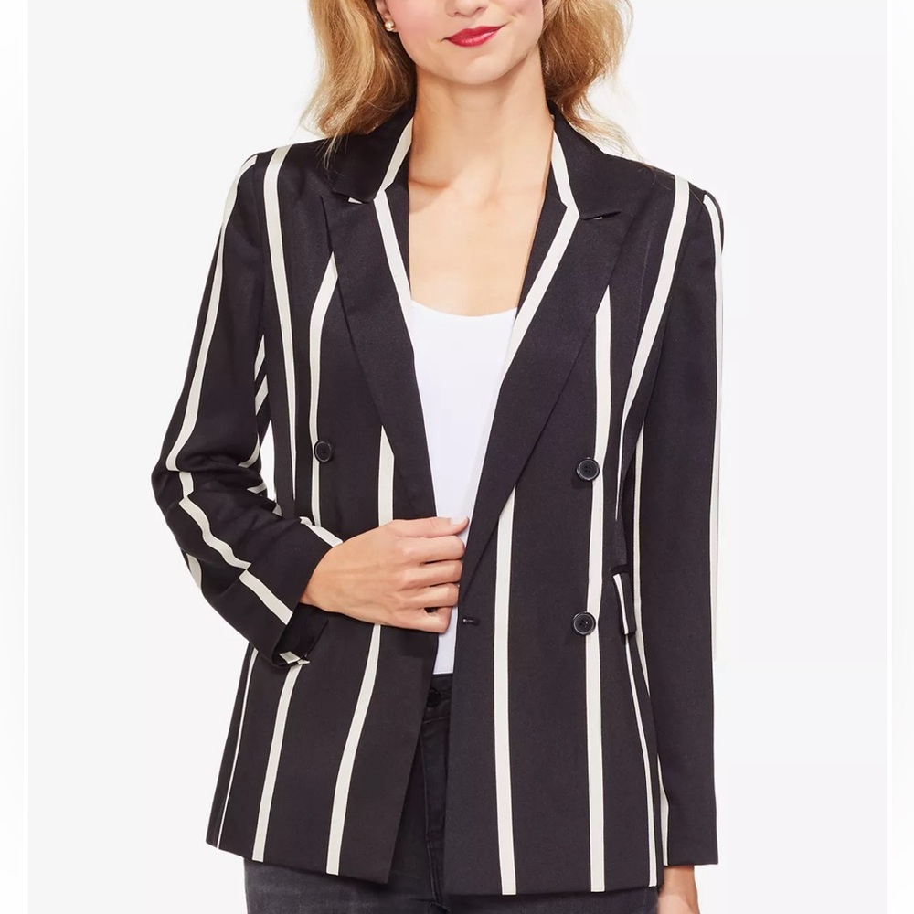 Vince Camuto Black and White Vertical Stripe Double-Breasted Blazer